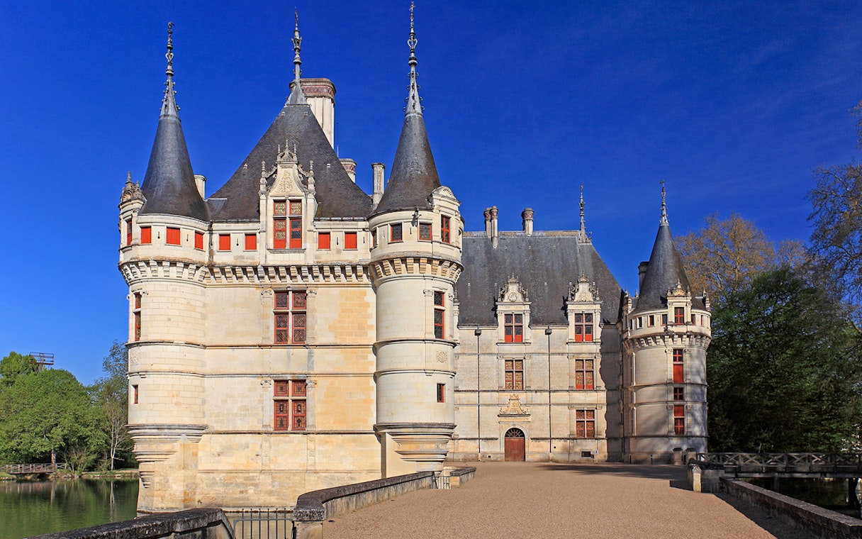 Azay le Rideau Castle with its distinctive turrets and moat in France.