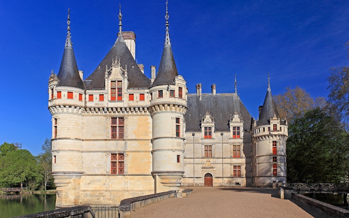 Azay le Rideau Castle with its distinctive turrets and moat in France.