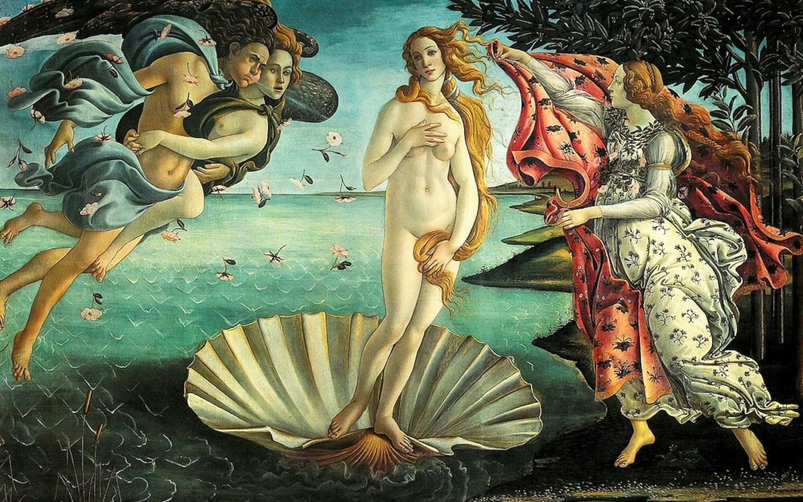 A pintura "Nascimento de Vênus", de Sandro Botticelli, na Galeria Uffizi, retratando Vênus em uma concha com cabelos varridos pelo vento e assistentes em uma paisagem marinha serena