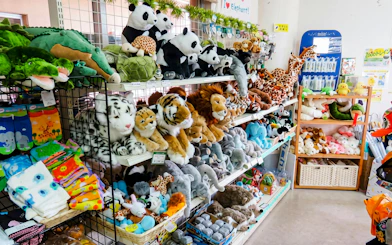 Stuffed animal display at Okinawa Zoo & Museum gift shop.