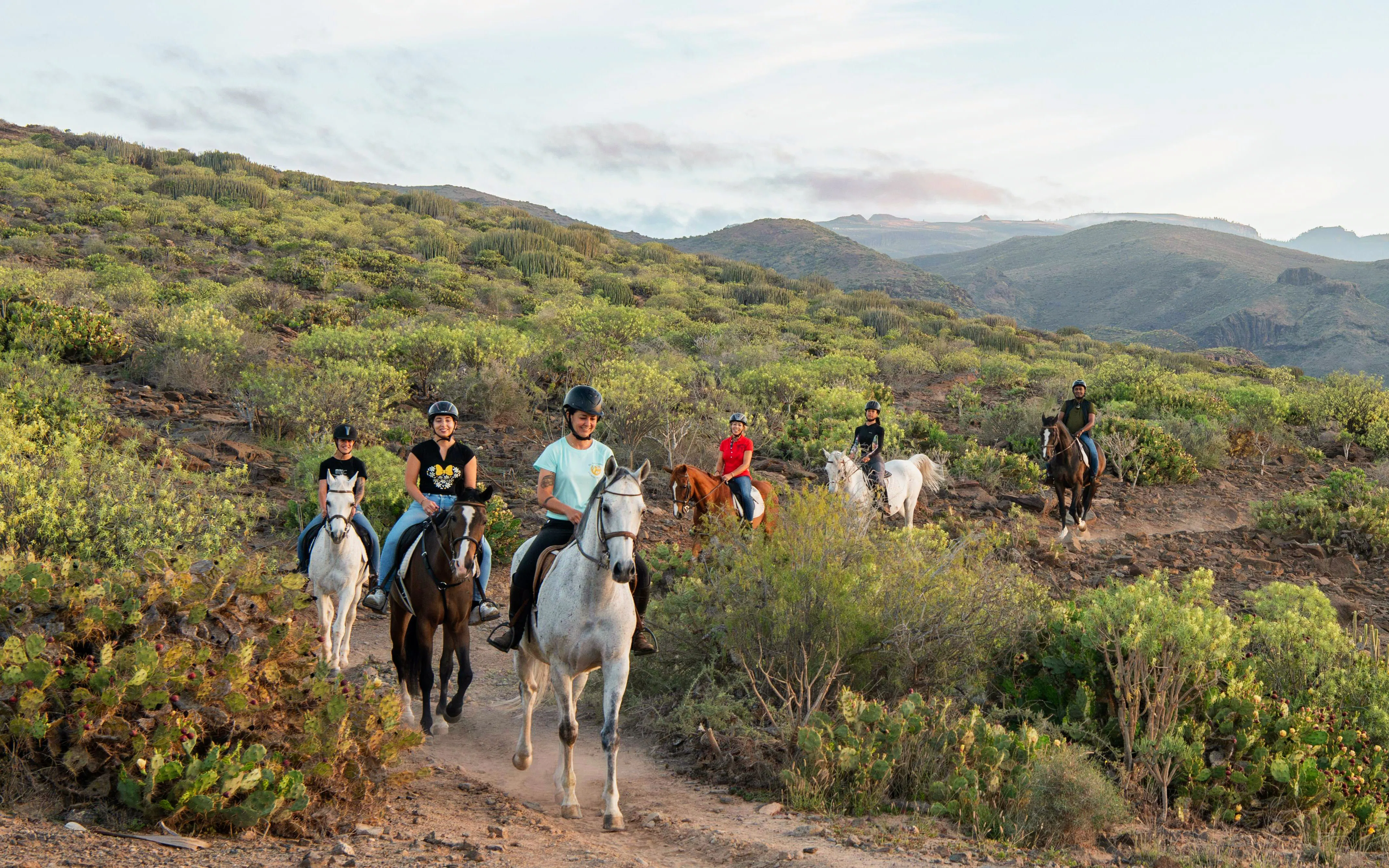 Horseback riders on a volcanic trail in Gran Canaria's lush landscape.