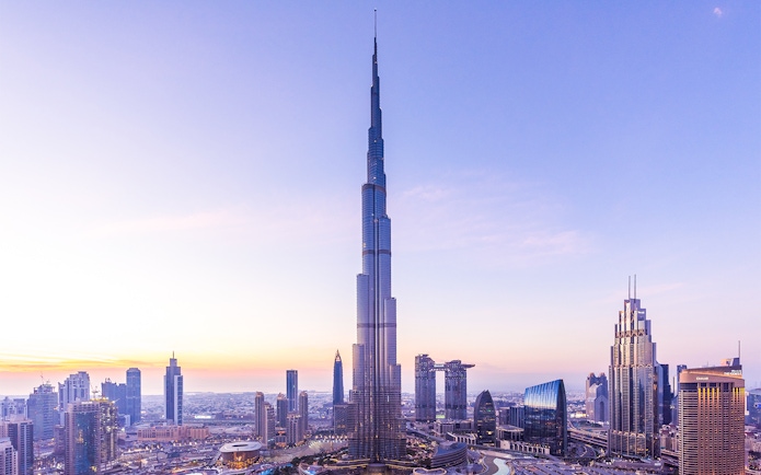 Burj Khalifa at sunset, view from Level 124 and 125, Dubai skyline.