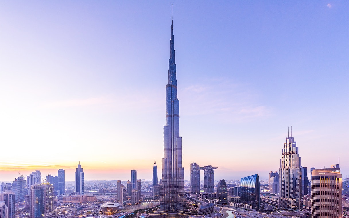 Burj Khalifa at sunset, view from Level 124 and 125, Dubai skyline.