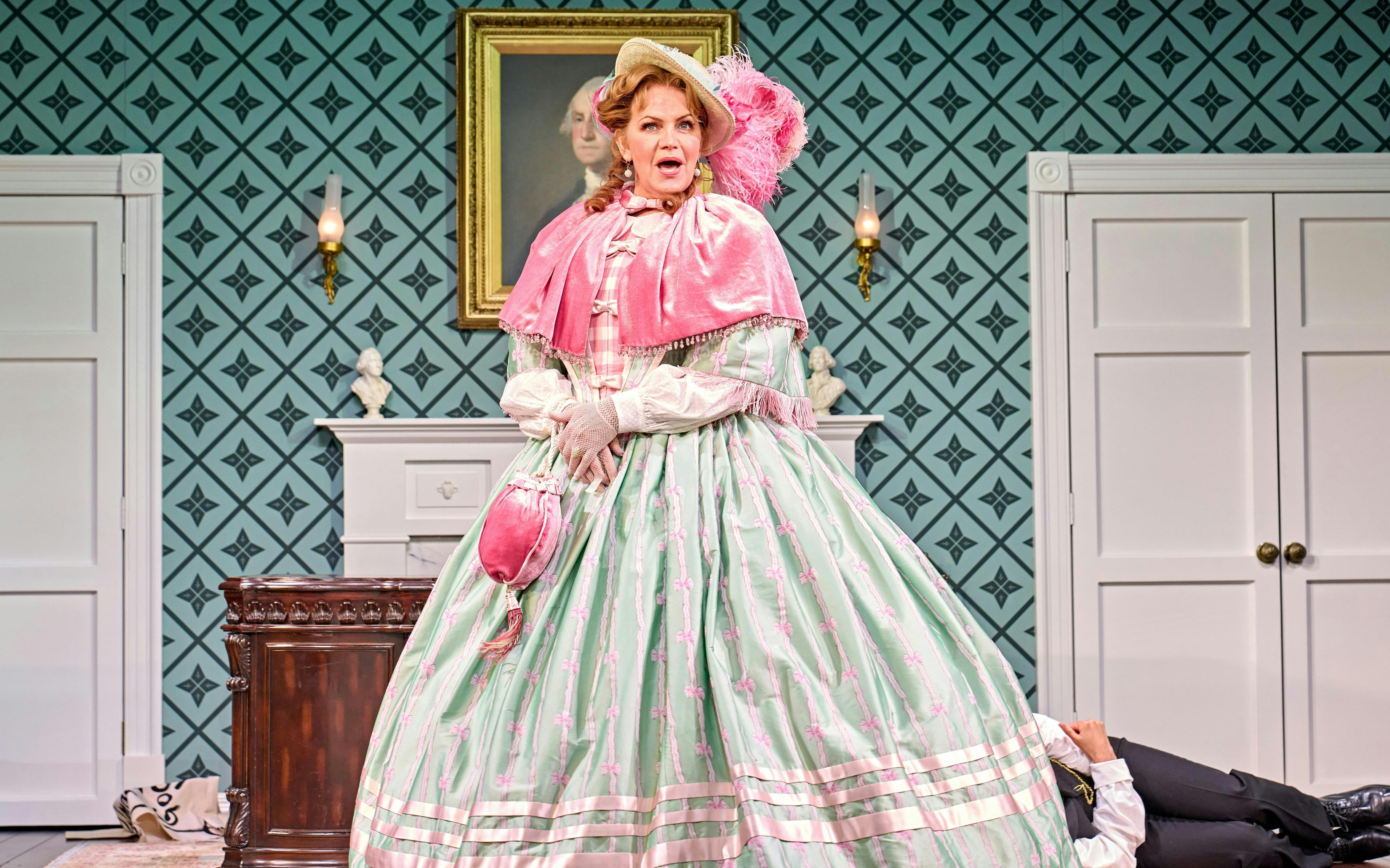 Victorian-era character on stage during Oh, Mary Westend show performance.