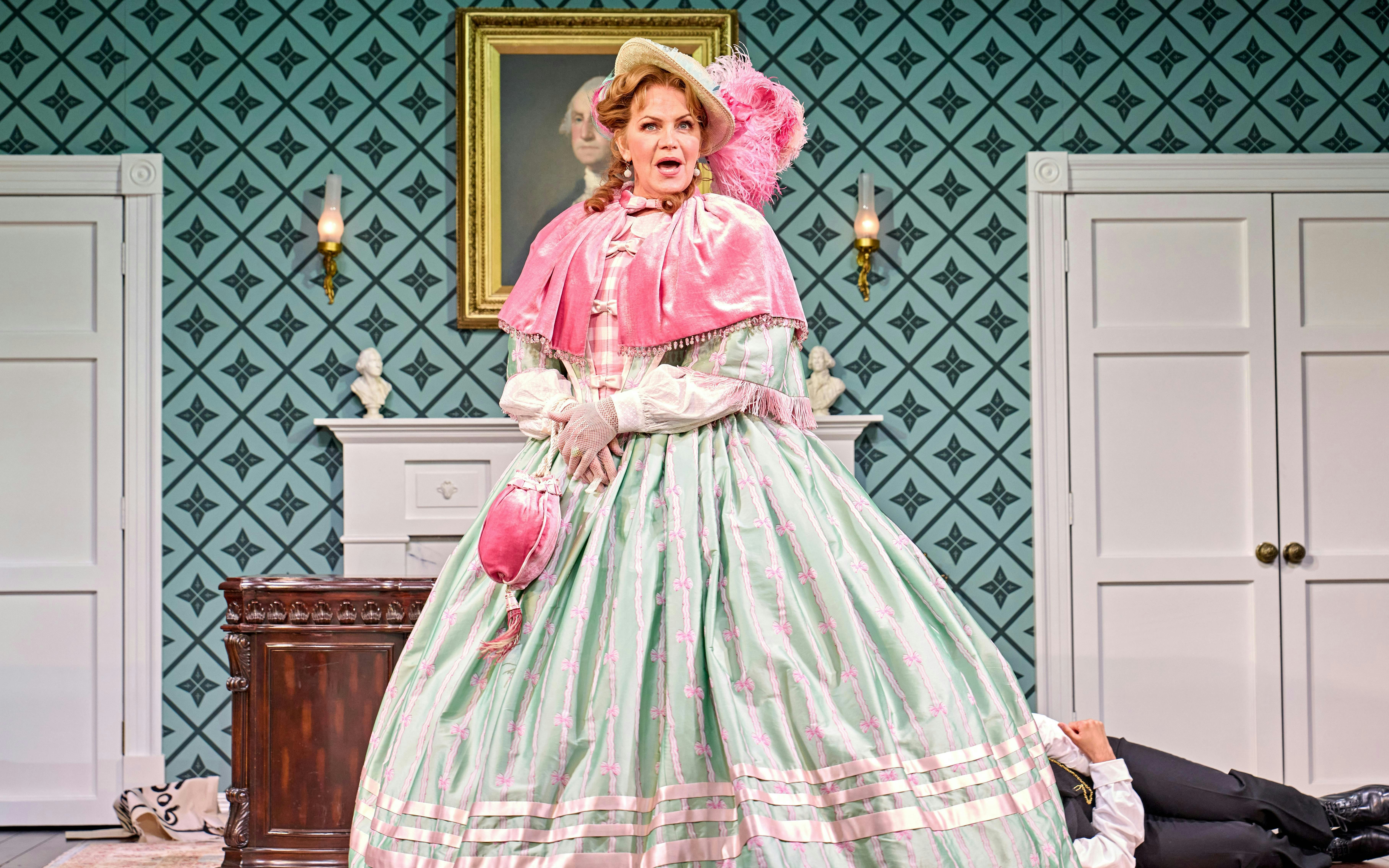 Victorian-era character on stage during Oh, Mary Westend show performance.