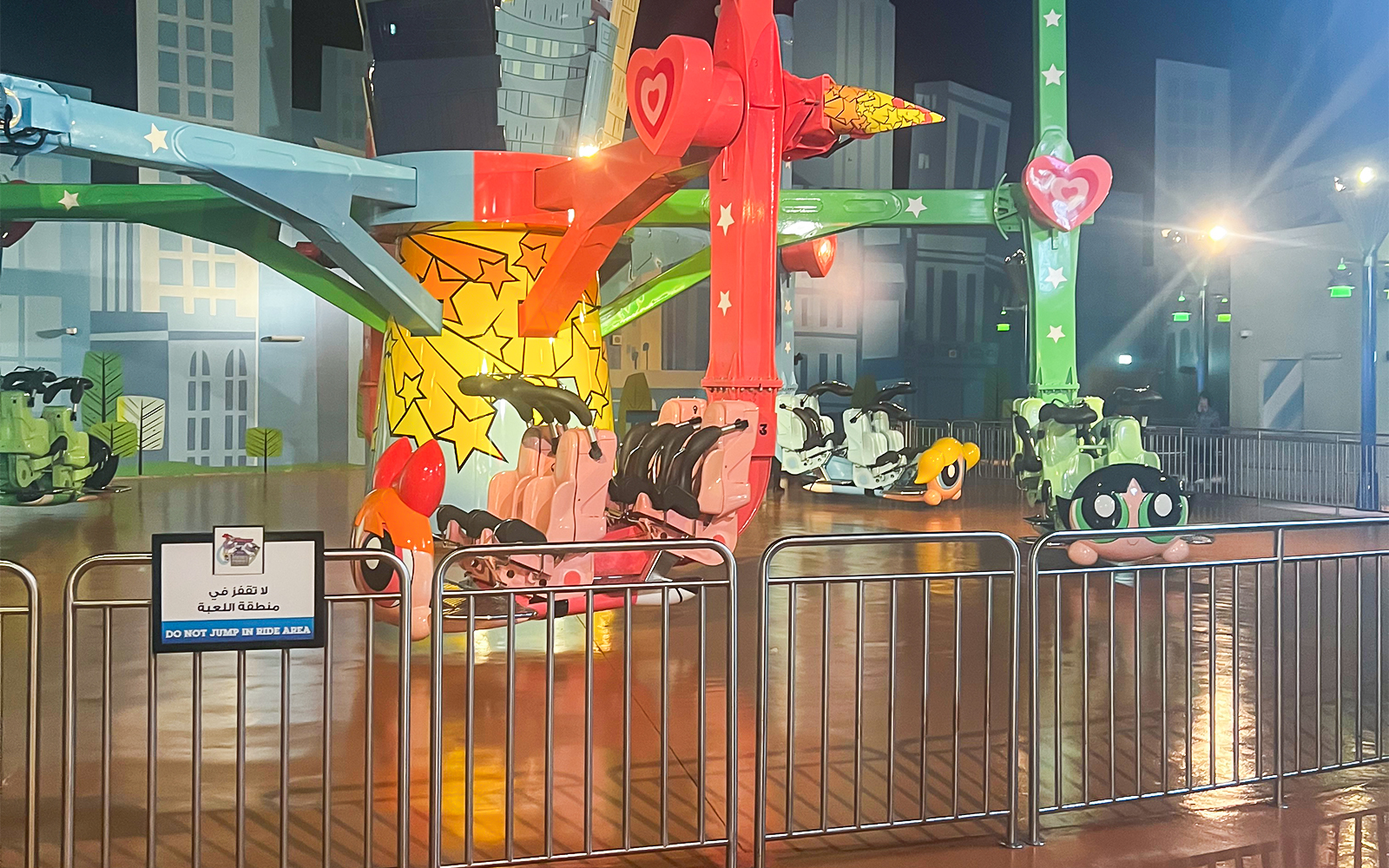Powerpuff Girls battling Mojo Jojo's robot at IMG Worlds of Adventure, Dubai.