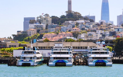 Boats docked at San Francisco Bay with cityscape and Coit Tower in the background.