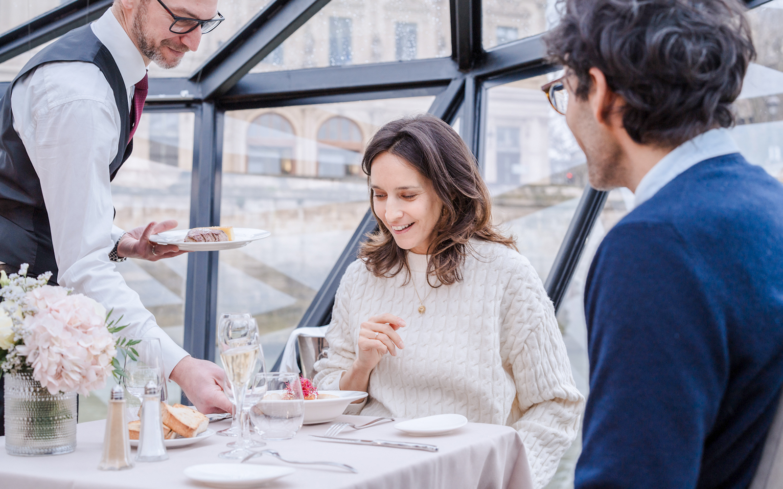 Lunch served on Seine River sightseeing cruise in Paris.