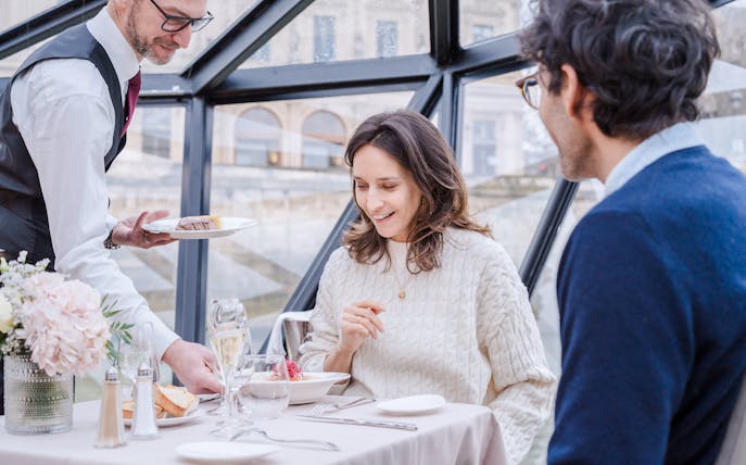 Lunch served on Seine River sightseeing cruise in Paris.