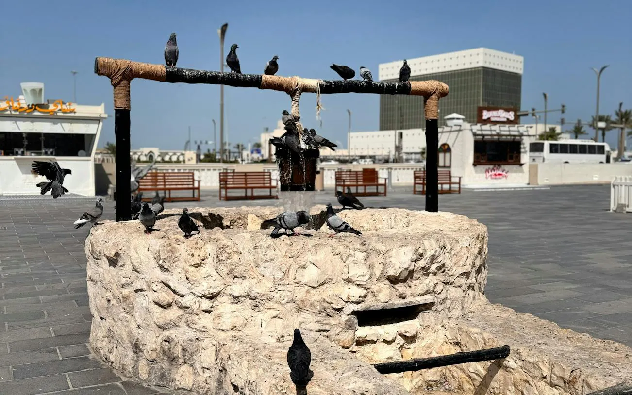 Pigeons perched on a traditional stone well in Doha's Souq Waqif during a city exploration game.