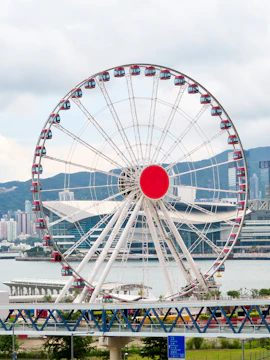 Hong Kong Observation Wheel with city skyline in the background.