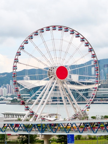 Hong Kong Observation Wheel with city skyline in the background.