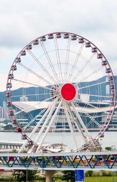 Hong Kong Observation Wheel with city skyline in the background.
