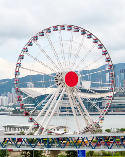 Hong Kong Observation Wheel with city skyline in the background.