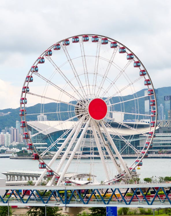 Hong Kong Observation Wheel with city skyline in the background.