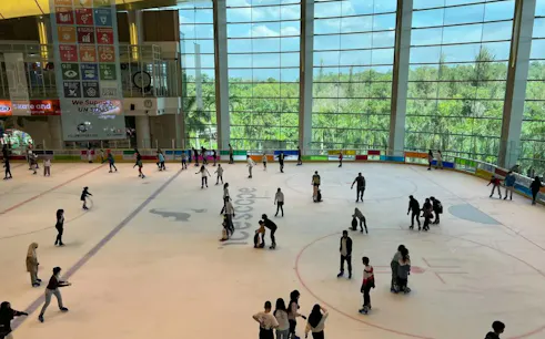 People ice skating at an indoor rink in Dubai with large windows and greenery outside.