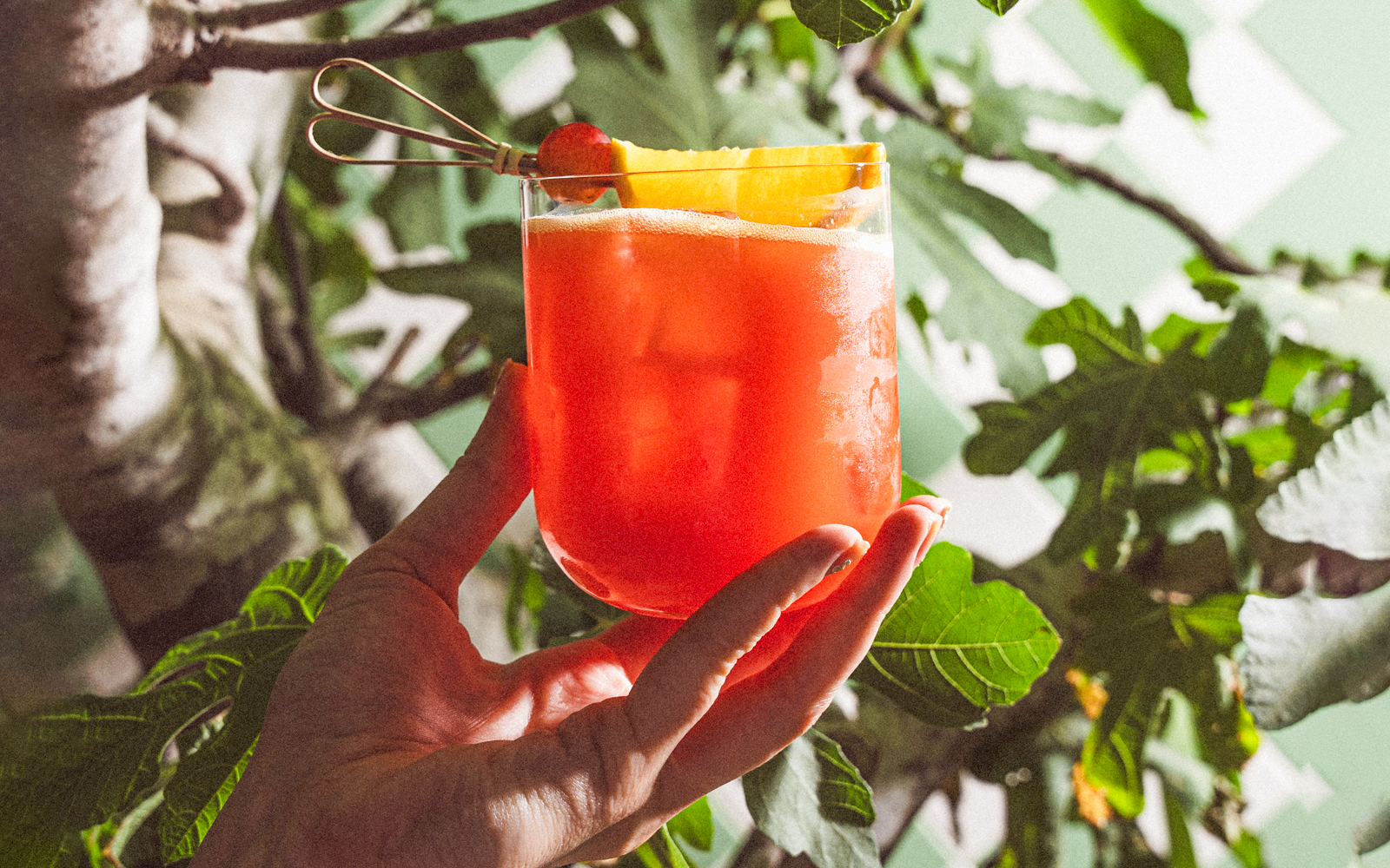 Hand holding a tropical cocktail with a leafy background.