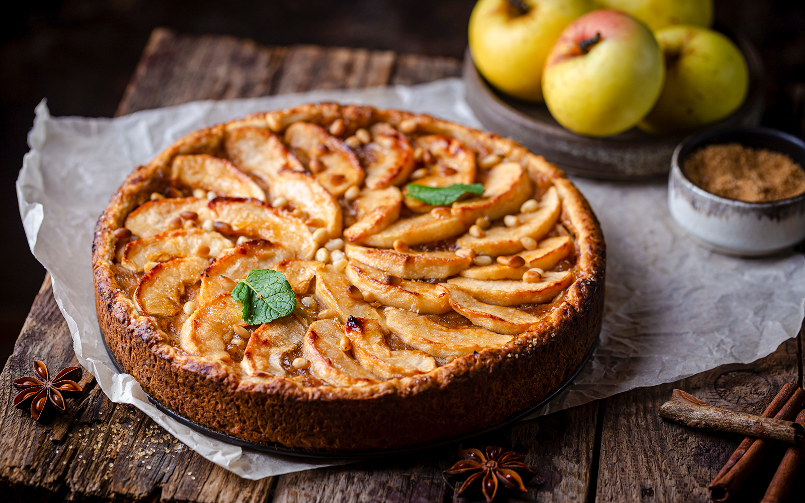 Apple tart with pine nuts and mint garnish, Douro Valley.