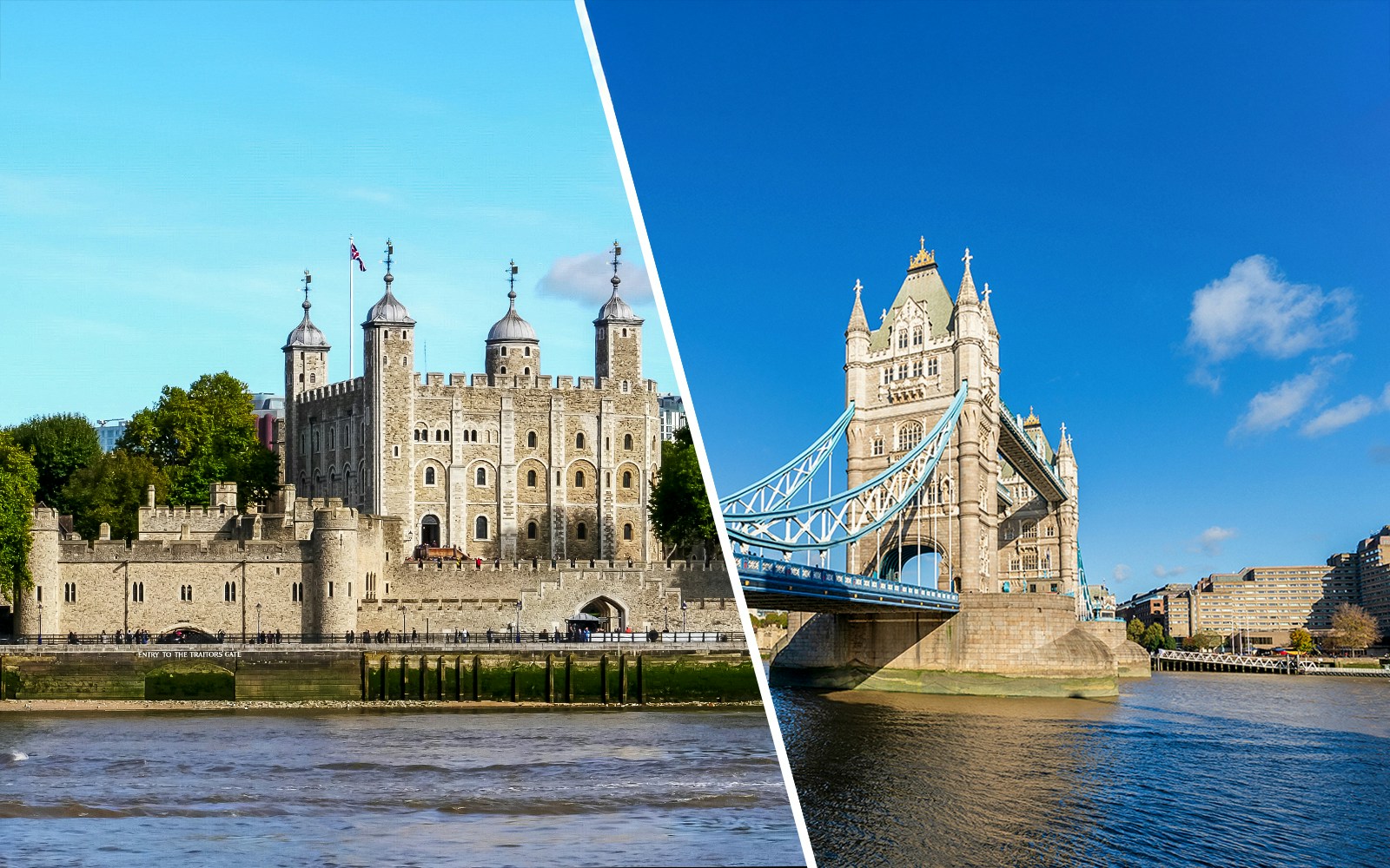 Tower of London and Tower Bridge in London, England, viewed from the Thames River.
