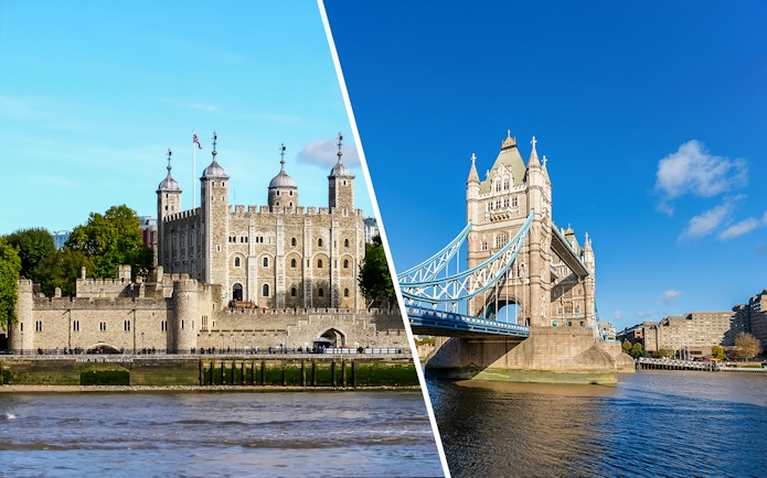 Tower of London and Tower Bridge in London, England, viewed from the Thames River.