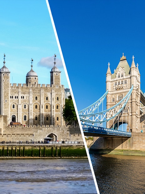 Tower of London and Tower Bridge in London, England, viewed from the Thames River.