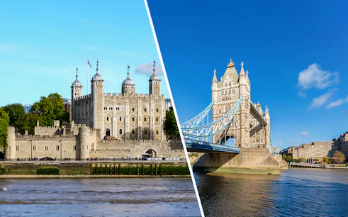 Tower of London and Tower Bridge in London, England, viewed from the Thames River.