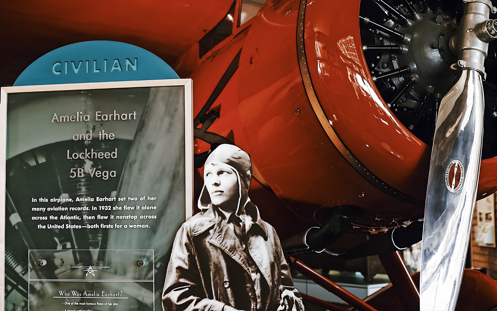 Amelia Earhart exhibit with Lockheed 5B Vega at Smithsonian's National Air and Space Museum.