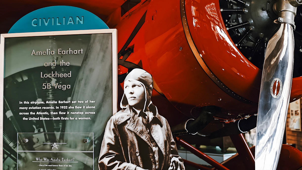 Amelia Earhart exhibit with Lockheed 5B Vega at Smithsonian's National Air and Space Museum.