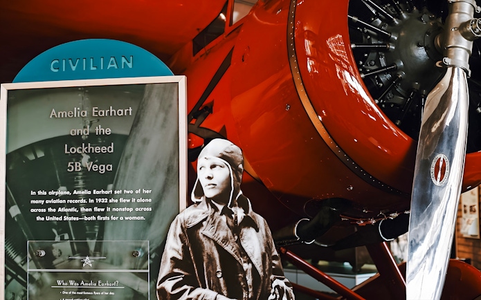 Amelia Earhart exhibit with Lockheed 5B Vega at Smithsonian's National Air and Space Museum.
