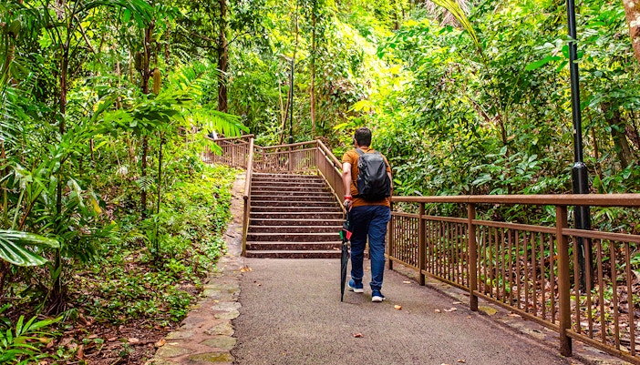 Man walking on a trail surrounded by lush greenery at Mount Faber, Singapore.