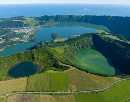 Aerial view of Sete Cidades crater lakes from Miradouro da Vista do Rei, Azores, Portugal.