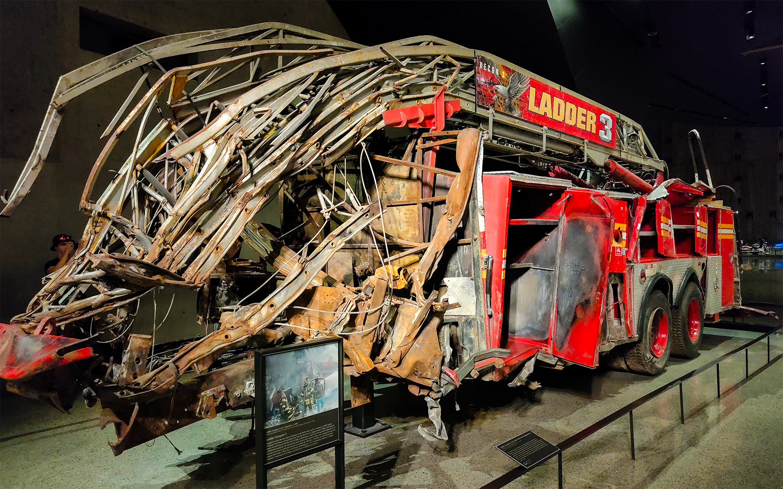 Fire truck wreckage from 9/11 displayed at the 9/11 Memorial Museum.