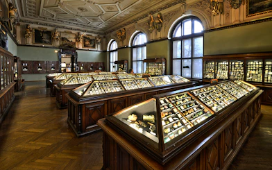 Exhibit of mineral collections inside Natural History Museum Vienna.