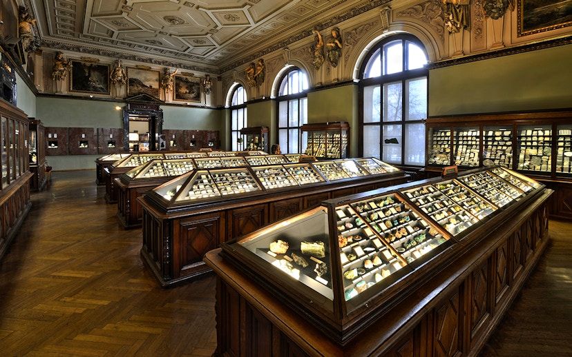 Exhibit of mineral collections inside Natural History Museum Vienna.