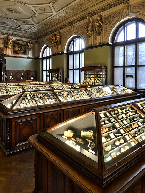 Exhibit of mineral collections inside Natural History Museum Vienna.