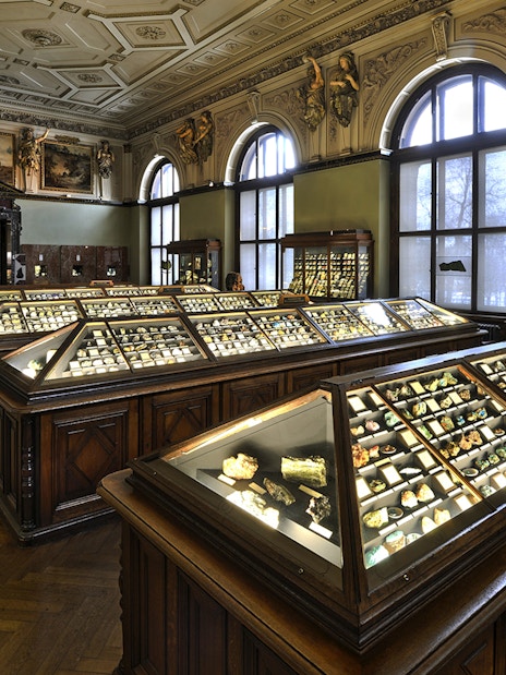 Exhibit of mineral collections inside Natural History Museum Vienna.