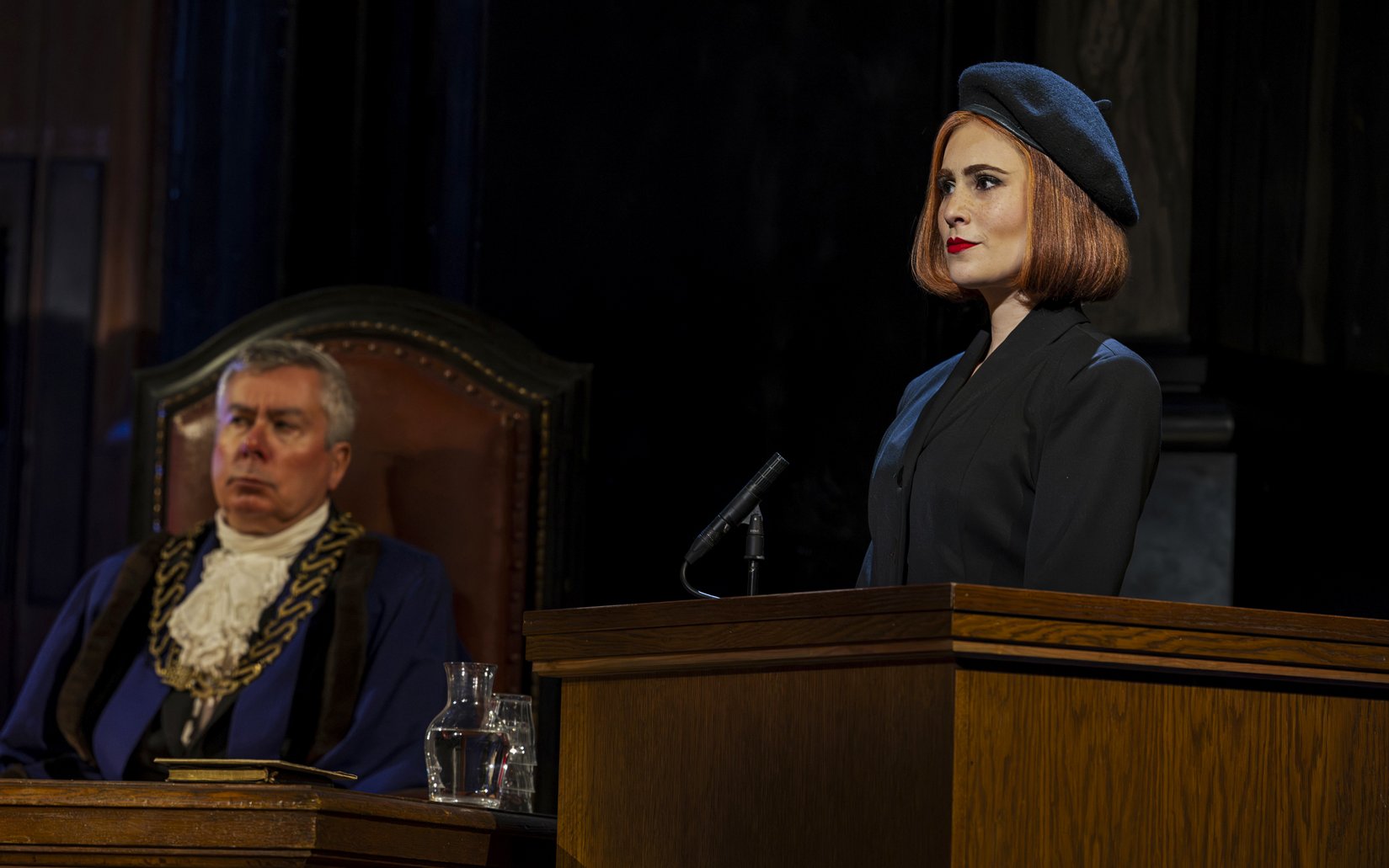 Stage scene from "Witness for the Prosecution" in West End courtroom setting.