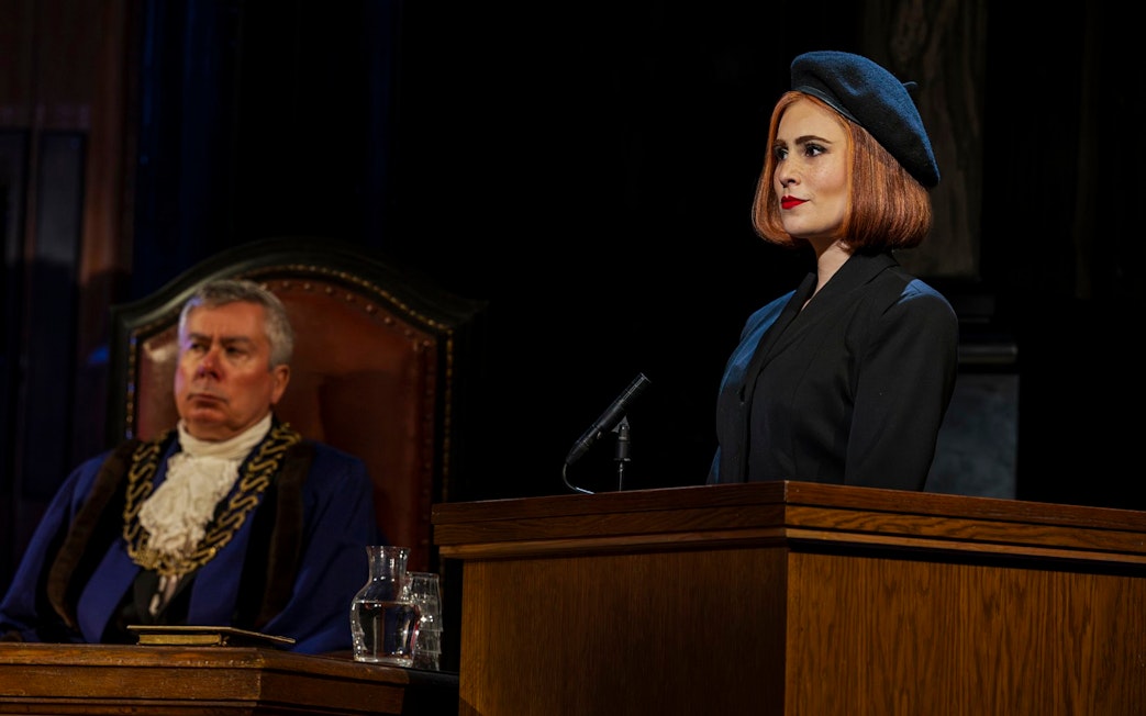 Stage scene from "Witness for the Prosecution" in West End courtroom setting.