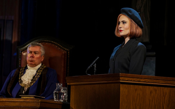 Stage scene from "Witness for the Prosecution" in West End courtroom setting.
