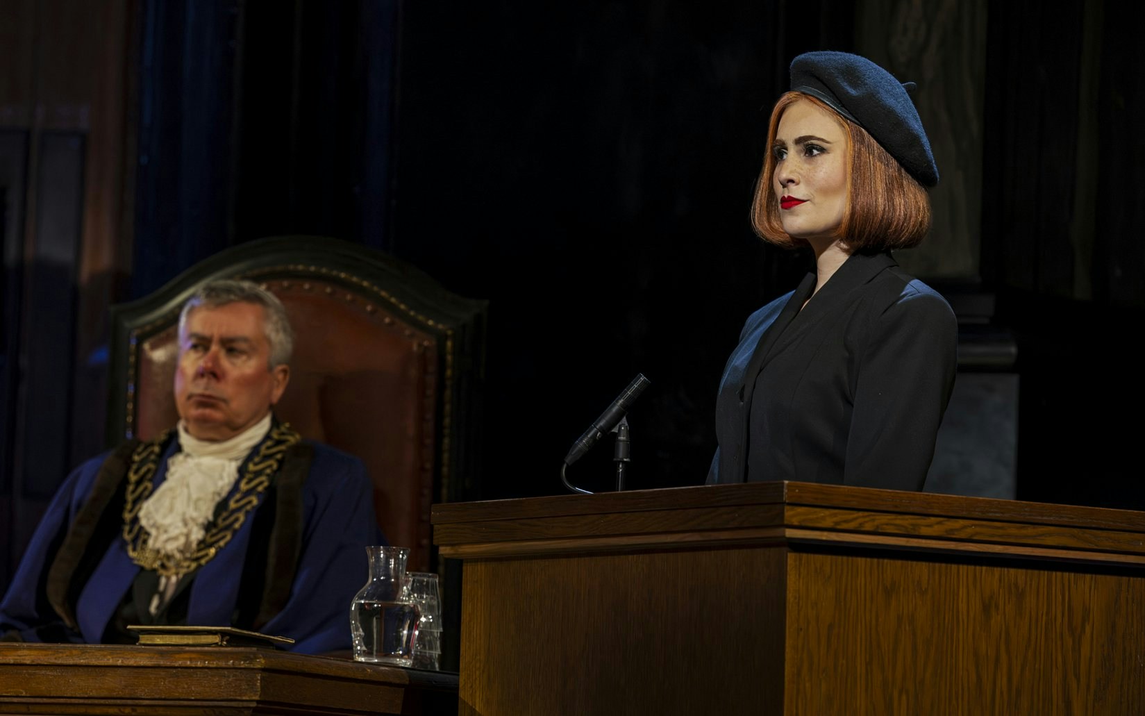 Stage scene from "Witness for the Prosecution" in West End courtroom setting.