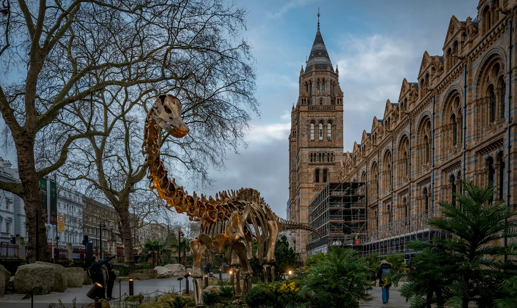 Dinosaur skeleton exhibit outside Natural History Museum, London.