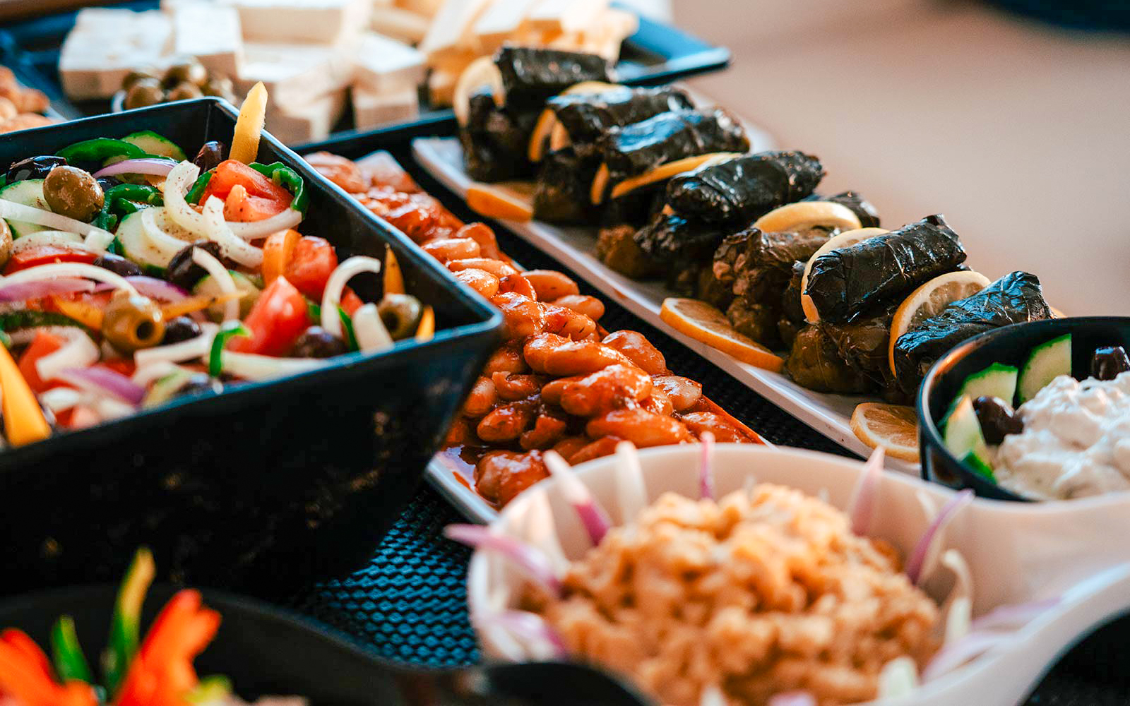 Assorted Greek dishes served on a Santorini luxury catamaran cruise.