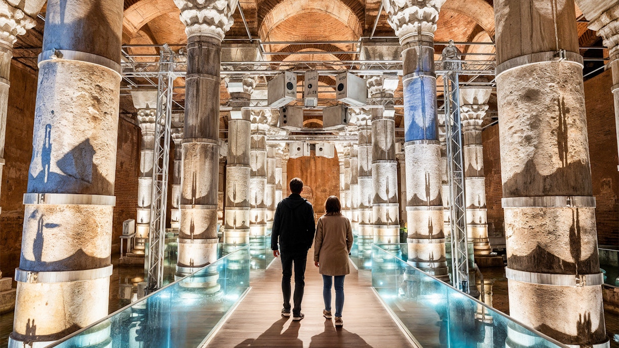 People walking admist 32 original marble columns and vaulted brick ceilings inside Theodosius Cistern