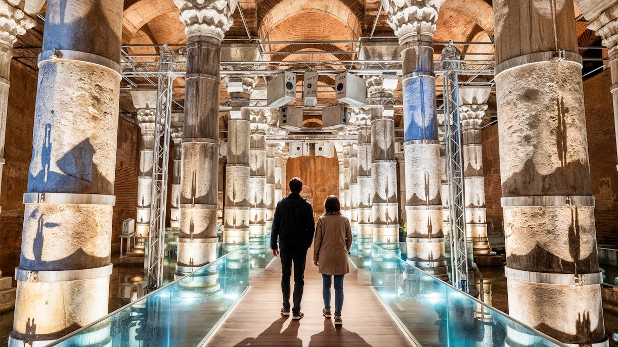 People walking admist 32 original marble columns and vaulted brick ceilings inside Theodosius Cistern