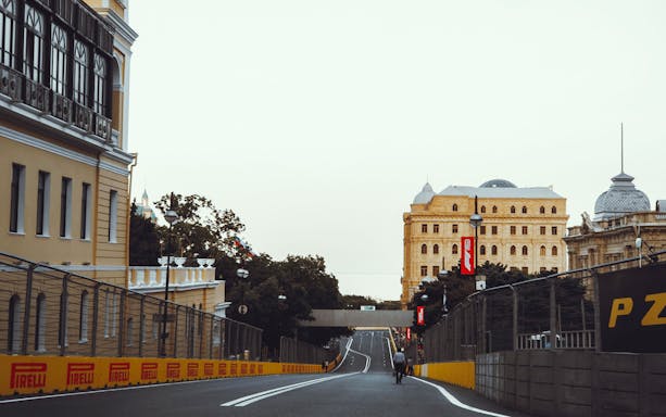 Baku city street circuit for Formula 1 Azerbaijan Grand Prix with historic buildings.