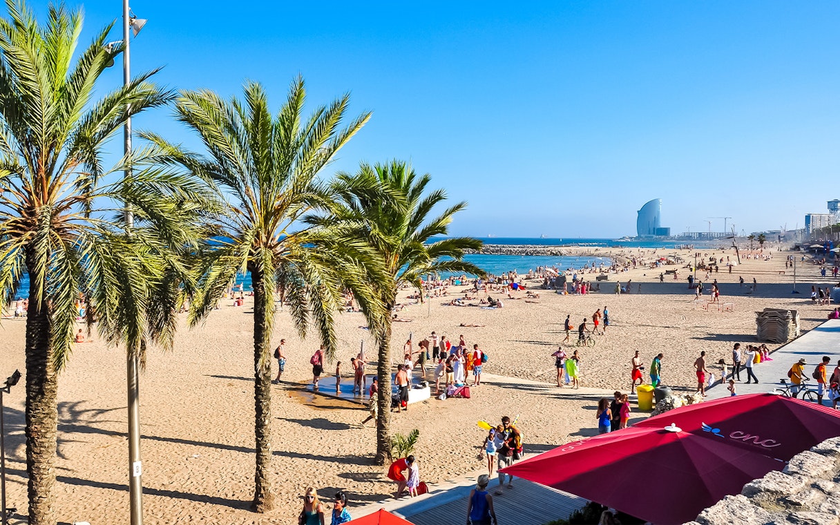 Tourists at Barceloneta Beach, Barcelona, with palm trees and sea view.