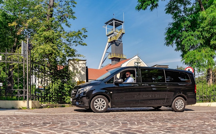 Van transfer service at Wieliczka Salt Mine entrance.