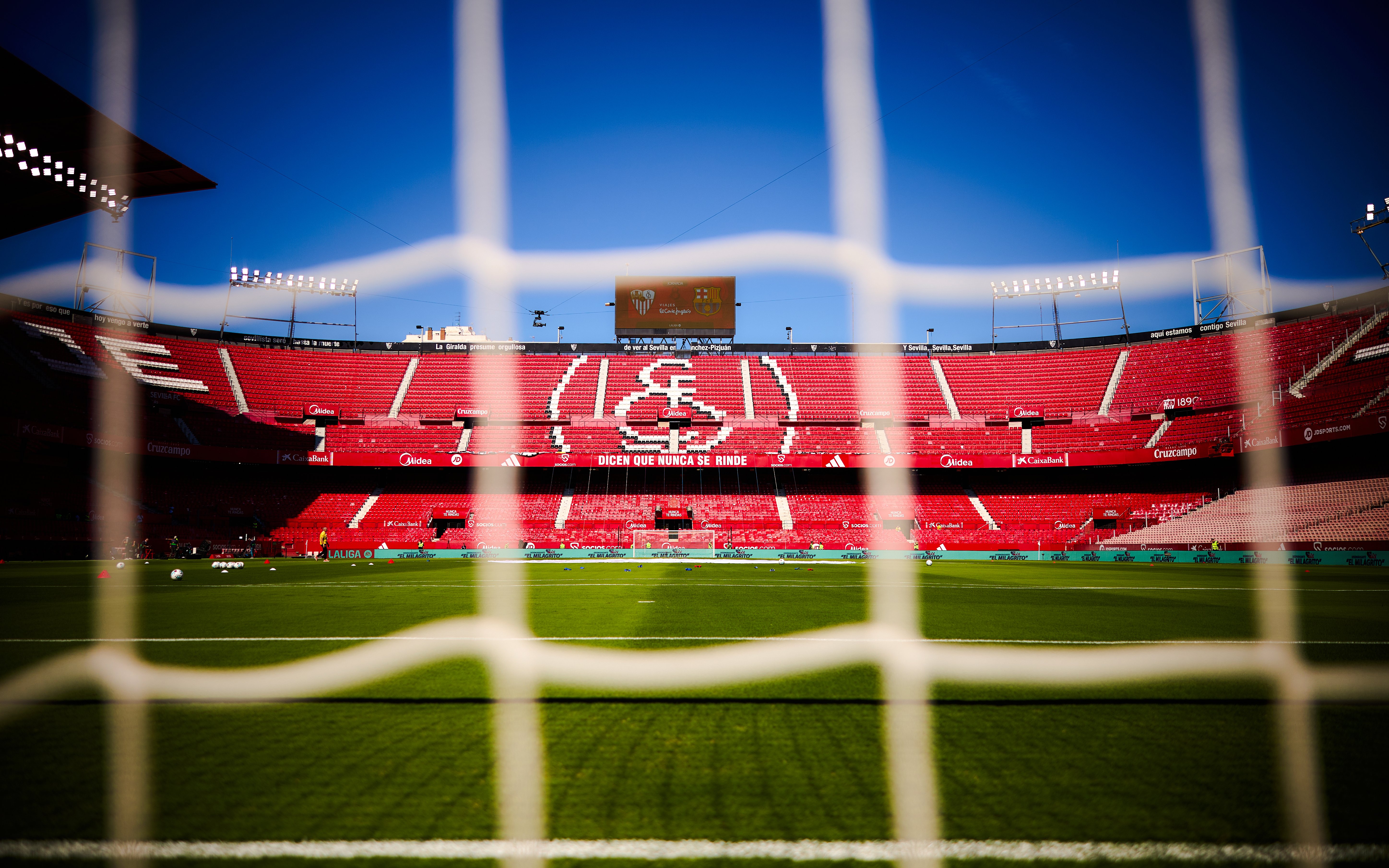 Ramón Sánchez Pizjuán Stadium in Seville, view from behind the goal net.