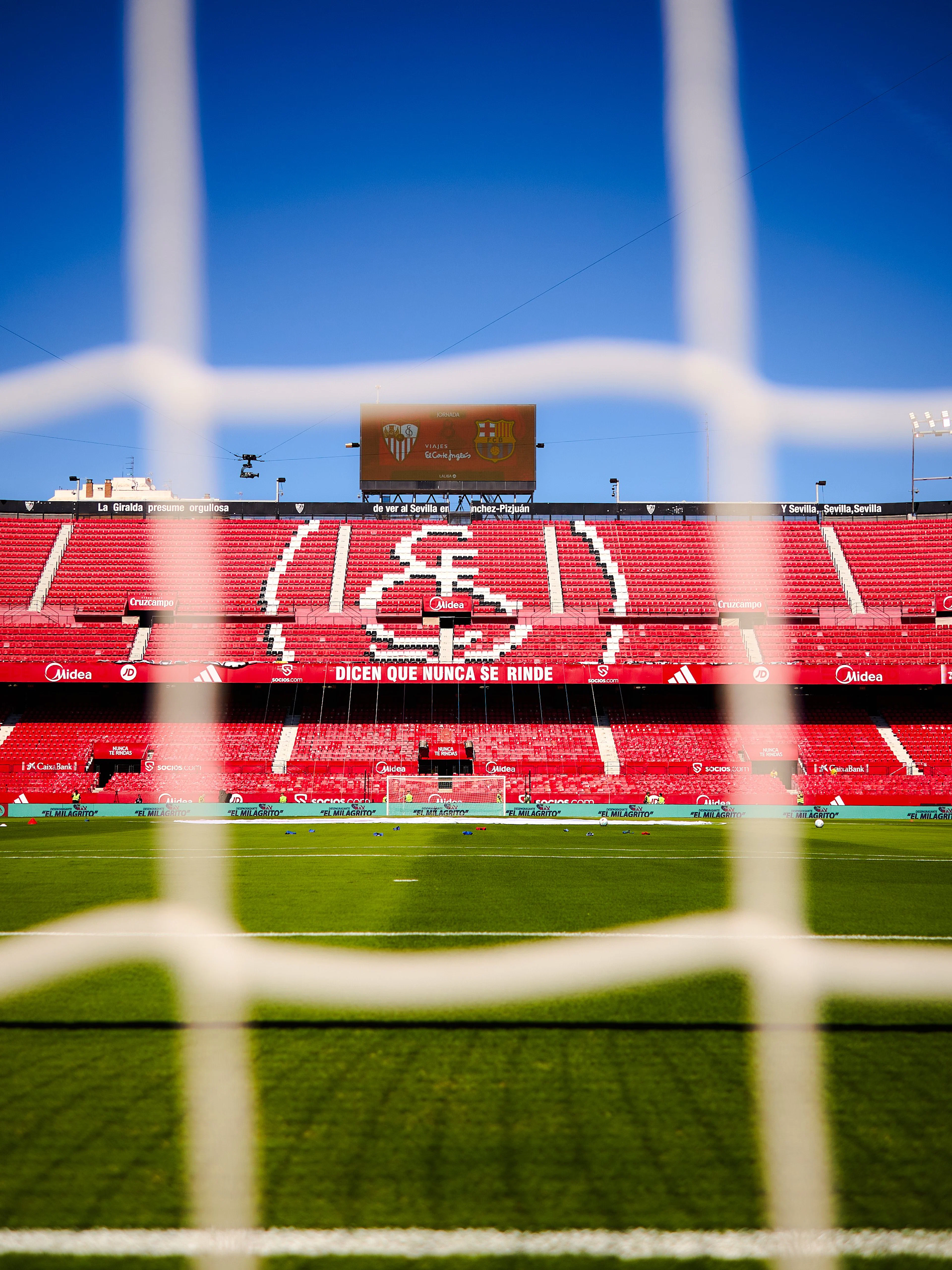 Ramón Sánchez Pizjuán Stadium in Seville, view from behind the goal net.