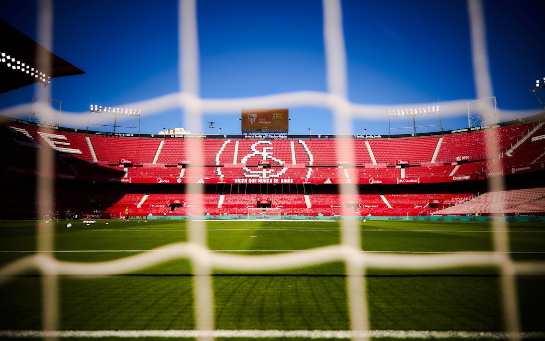 Ramón Sánchez Pizjuán Stadium in Seville, view from behind the goal net.